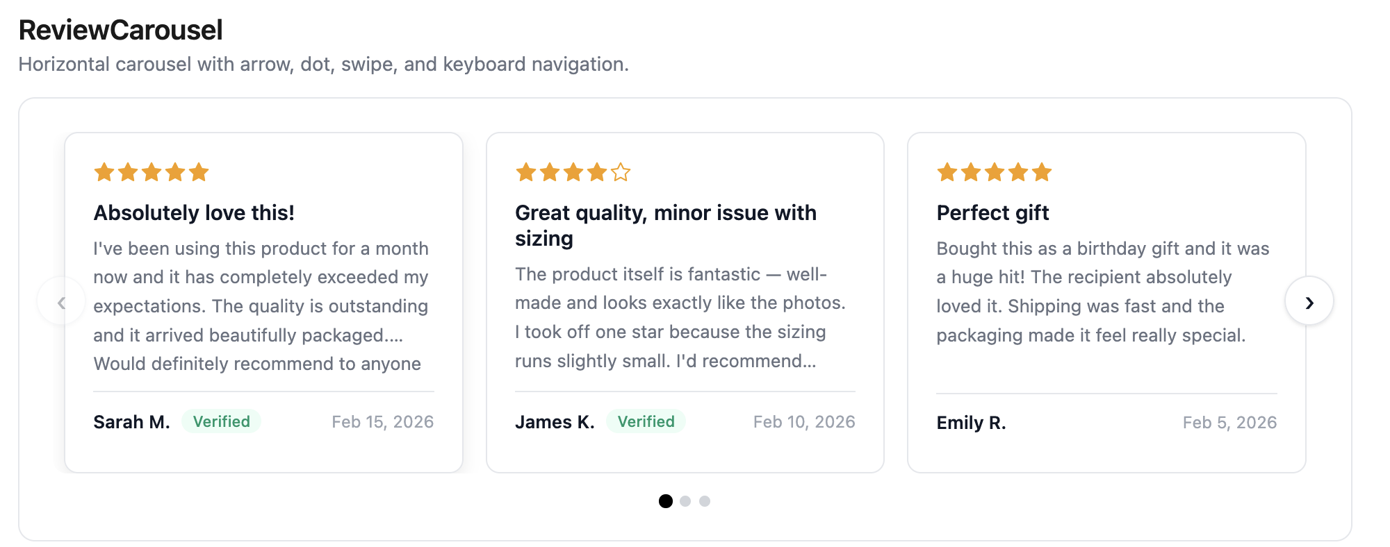 ReviewCarousel showing review cards with arrow and dot navigation