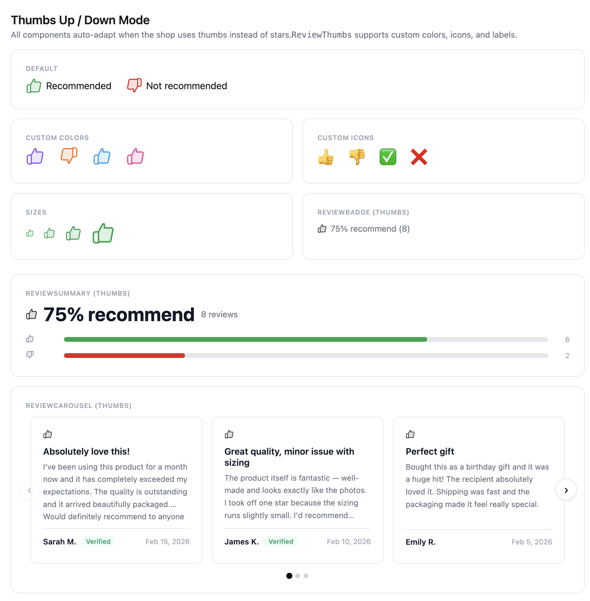 Thumbs mode showcase: icons, custom colors, sizes, badge, summary, and carousel